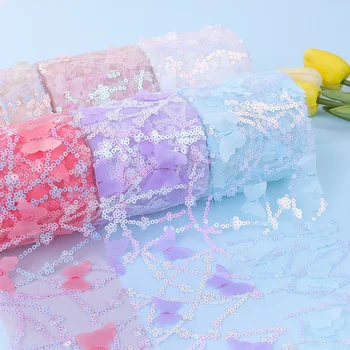10Yards 3D Pillangó Tulle Roll Flitterekkel Szalag DIY Ajándék Csomagolás Haj Bowknot Kézzel készített Születésnapi Kellékek Esküvői Party Dekor