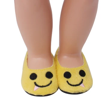 18 inch Lányok baba cipő sárga mosolygó arcomat puha cipő Amerikai új született, kiegészítők, Bébi játékok illik 43 cm-es baba s210