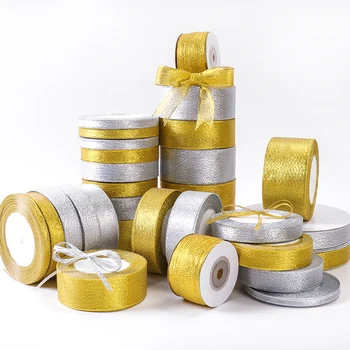 1db 6 mm-50 mm-es méret 22Meter/roll ezüst, arany Metál Csillogás Szalag Karácsonyi dekoráció esküvői party DIY torta íj csomagolás öv