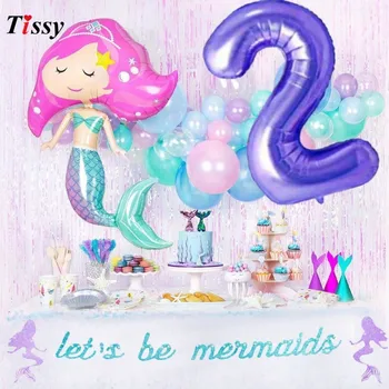 1SET Mermaid Fél asztali Díszek Papír Eldobható Evőeszközök Lila Szám Lufi Gyerekeknek, Születésnapi& Esküvő Party Kellékek
