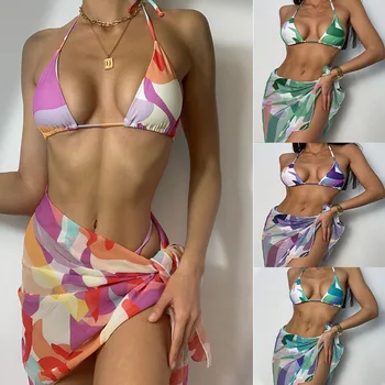 2021 Bikini Női Fürdőruha Mozaik Színes Szexi Pántos Bikini Három Darabos Készlet Csipke, Magas Derék Meleg, Rózsaszín Bikini Fürdőruha