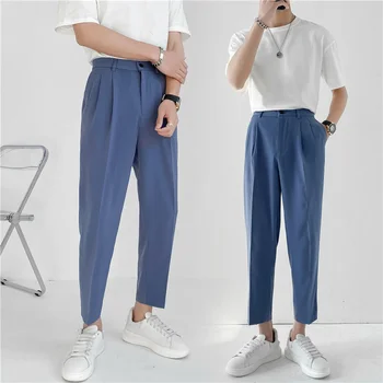 2021 Férfi Divat Trend egyszínű Alkalmi Nadrág Hivatalos Kék Zakó Öltöny Nadrág Hivatal Nadrág Pantalon Homme Slim Fit Nadrág