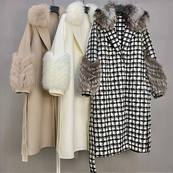 2021 Luxus Női Téli Új, kétoldalas Gyapjú Kabát Eredeti Fox Gallér, Valamint Bilincset houndstooth minta Kabát