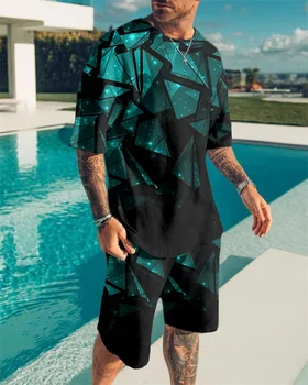 2021 Nyáron Új Zöld négyzet 3D Nyomtatás Alkalmi ruhás Férfi Ruha Rövid Ujjú Póló + Sport Rövidnadrág 2 darabos Készlet