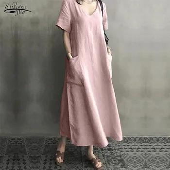 2021 Pamut Ágynemű V-nyakú Maxi Ruha, Női Nyári Vintage Plus Size M-5XL, hosszú ruha Alkalmi, Rövid Ujjú Zseb Vestidos 10139