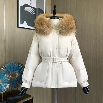 2021 Téli Kabát Nők 90% Fehér Kacsa Le Kabátok Nagy Mosómedve Prémes Gallér Vastag Női Zubbonyok Szárny Kösd Fel Rövid Hóval