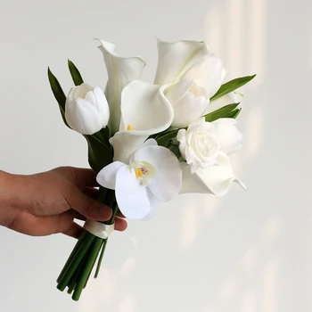 2021 Vintage Fehér Kála Tulipán Phalaenopsis Elegáns csokor virágot, Esküvő Dekoráció, Csokor Virág Artificielle Mariage