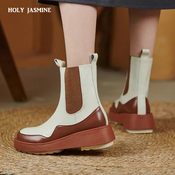 2021 Új Téli Divat Csizma Cipő Valódi Bőrből Készült Csizma Női Kényelmes, Lapos Sarkú Kerek Toe Platform Cipő Nő Boka Csizma