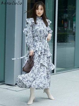 2021 őszi-téli új stílus Japán tavasz Lixiang azonos bekezdés rakott, hosszú ujjú derék nyomtatott női ruha