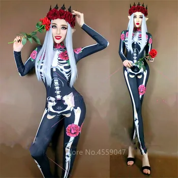 2022 Új Félelmetes Halloween Jelmezek Nők 3D Szellem Koponya Ruhát Rose Overált Szellem Menyasszony Cosplay Szexi Body Színpadon Viselni