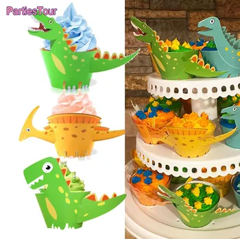 24pcs Dinoszaurusz Cupcake Papír Toplisták Torta asztali Díszek Dino Féltől vásárolt kellékeknek a Fiúk Gyerekek Szülinapi Parti Dekoráció Szívességeket