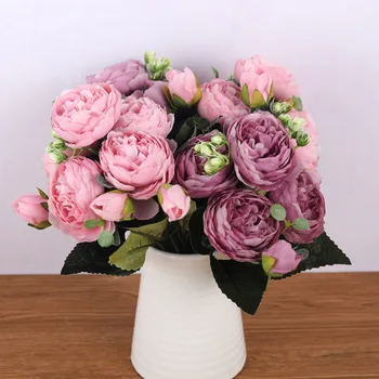 30cm Rose-Rózsaszín Selyem Bazsarózsa Csokor művirágok 5 Nagy Fej 4 Kis Bud Menyasszony Esküvői lakberendezési Hamis Virágok Faux
