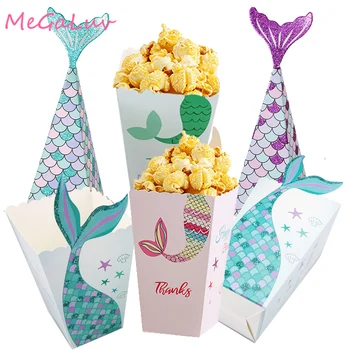 6/5db Lila Zöld Sellő Popcorn Doboz Édességet Táskák Jogosultja Popcorn Konténerek Gyerekek Hableány Party Szülinapi Party Kellékek