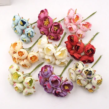 6db művirágok Mini Tea Rózsa Bud Esküvői lakberendezési Ékszerek, Kiegészítők Fleurs Scrapbooking DIY Kézműves Kellékek