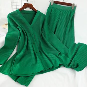 A koreai új laza, kötött pulóver 2 darabos készlet női felső, magas derék, széles lábát nadrág szett alkalmi kötött kétrészes ruha őszi nők