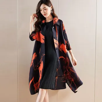 A nők 2021 őszi új kabát széldzseki Miyak szeres Nagy méretű, laza, vékony hajtóka nyomtatás hölgyek közepes hosszúságú rakott kardigán
