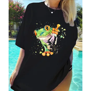 A nők Nyáron T-shirt Rövid Ujjú Béka Print Női Alkalmi Grafikai Ruhák Hölgyeknek, Rendszeres Napi Divat Vintage O Nyakú Pólók Felsők