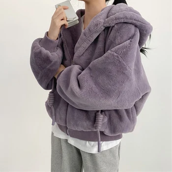 A Nők Télen Meleg Plüss Kabát Dzseki Laza Kapucnis Téli Kabát Női Divat Outwear Egyszínű Cipzáras Kapucnis Parka Kabát