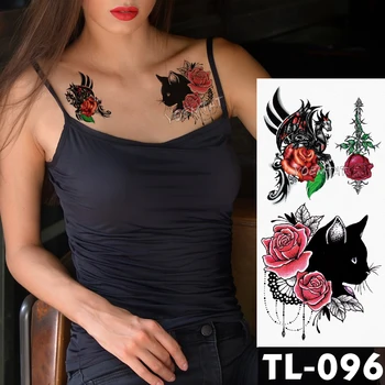 A víz Transzfer Fekete macska piros csipke rózsa Ideiglenes Tetoválás Matrica totem Minta body art Vízálló Hamis Flash női Tetoválás