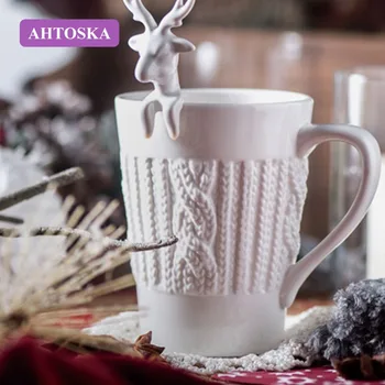 AHTOSKA 3D Aranyos Dombornyomott szarvas Szarvas Bögre Párok Csésze Karácsonyi Bögre Tej, egy Csésze Tea Hó Kerámia Bögre, Kreatív Ajándék