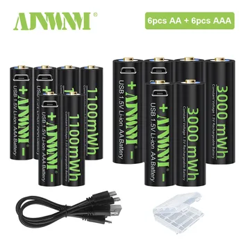ajnwnm 1100MwH AAA Újratölthető Akkumulátor 1,5 V-os Lithium aaa Elem + USB AA 1,5 V-os Akkumulátorok 3000mWh usb kábel