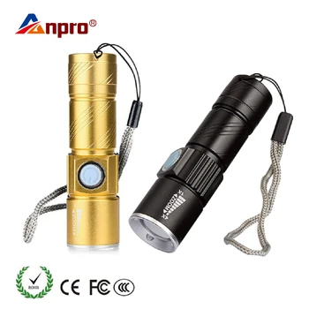 Anpro Mini USB LED-es elemlámpa Zseblámpa Kerti Kemping Lámpa Akkumulátor, Vízálló Nagyítható Lámpa Kerékpár 3 Mód Praktikus Vaku
