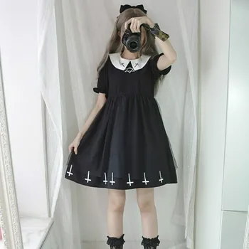 Aranyos Japán Gothic Lolita Ruha Punk Kereszt Fekete, Édes Harajuku Nővér Stílus Csillag Tüll Ruha, Aranyos Lány Streetwear