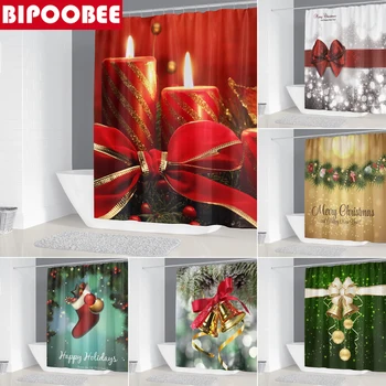 Boldog Karácsonyt Zuhanyzó Függöny fesztivál, dekorációs Gyertya bell Fürdőszoba Függöny Vízálló poliészter Szövet Fürdő Képernyő