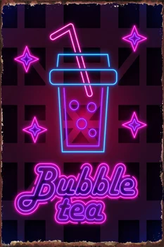 Bubble Tea Neon Felirat Világít Adóazonosító Jel Ón Tányér Fali Dekor, Dekoráció Retro Vintage Fém Jel Haza Barlang Cafe Pub