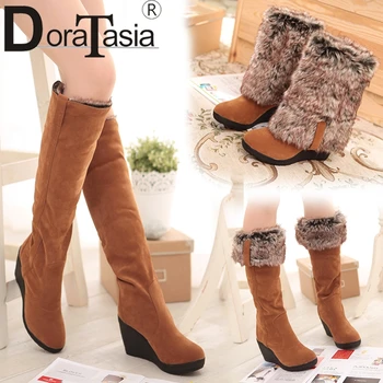 DoraTasia 34-43 Tél 3 Stílus Fur Boots Női Magas Sarkú Platform Térd Magas Hó Csizma Női 2019 Meleg Szőrme Ék Cipő Nő
