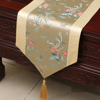 Esküvői kiváló minőségű damaszt Új Design dragon phoenix Kínai hagyományos asztali futó terítő Vintage Ágy Zászló arany