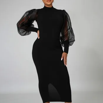 Fekete Bodycon Női Ruha Patchwork Háló Hosszú Lanter Ujjú Vágott Közepes hosszúságú Vékony Ruha 2021 Elegáns Divat Női Vestidos