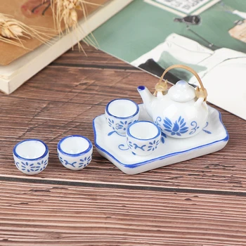 Forró eladó 6db/set Babaház Miniatűr Étkezési Ware Kék Porcelán Teás Készlet Étel, Csésze, Tányér Kínai Kerámia Teás Készlet babaház