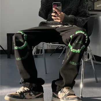 Függőleges fekete farmer, férfi 2021 őszi Amerikai high street style kontraszt levél nyomtatás alkalmi széles láb nadrág streetwear Eladó