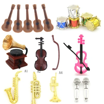 Gitár, Hegedű, Trombita, Szaxofon, Dob, Mikrofon, Lemezjátszó Baba Hangszer a Babák Zene Házban Bár Baba Kiegészítők
