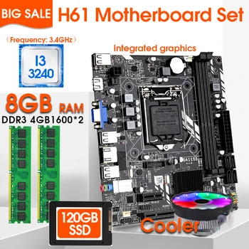 H61M LGA 1155 Alaplap Szett I3-3240 a CPU, mind a DDR3 2*4 GB=PC 8GB RAM 1600 mhz-es CPU Ventilátor 120G SSD