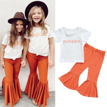 Halloween Ruha 2DB Lányok Ruhát Betűkkel Nyomtatott Mintás póló Narancs egyszínű Lobbant Nadrág Hálaadás Baba 1-5Y