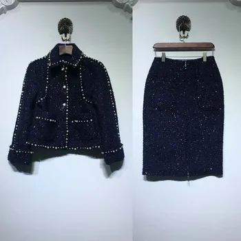 Haute couture két darabos készlet nők tweed kabát, szoknya, ruha 5XL 6XL csodálatos csillagos ég veste femme plus size szabott téli kabát