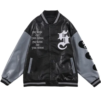 Hip-Hop Streetwear Kabát Férfi Fel Bőr Patchwork Galamb Hímzés Baseball Válogatott Harajuku Punk Motoros Kabát Divat