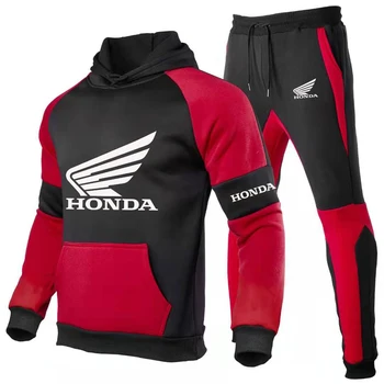 Honda Férfi Női Melegítő Honda Szárny Nyomtatás Színes Splice Kapucnis felső+Nadrág Polár Meleg Férfi Beállítja Sportruházat Férfi ruházat