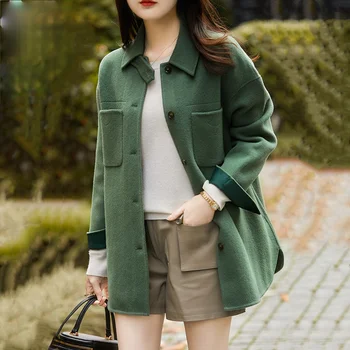 Hong Kong stílus tavaszi, őszi új zöld koreai változata sokoldalú, divatos kettős fény nagy meleg gyapjú ing kabát