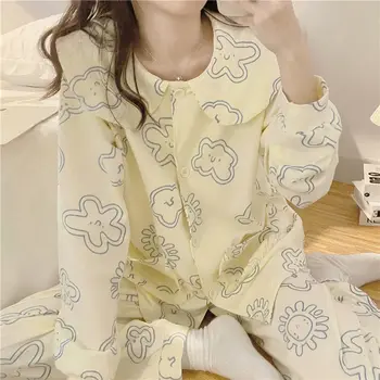 HOUZHOU Női Pizsama Japán Aranyos Felhők Pijamas Baba Gallér Tavaszi Őszi Pizsama Haza Ruhát Hálóruházat Hálóruha Aranyos