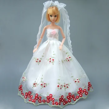 Hímzett Ruha, fehér esküvői teljes körül csipke ruha Barbie-baba hercegnő esküvői ruha