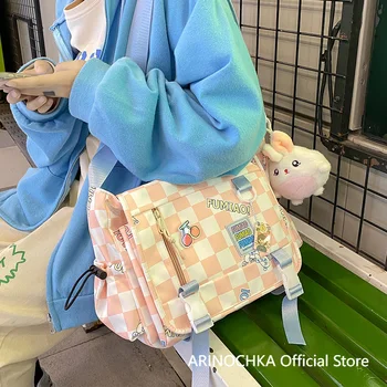 Japán Aranyos Nő Kockás Messenger Bags Hölgyek Fedezze Váll Kors Táska Édes Tinédzser Lányok Pepita Nyuszi Táskák
