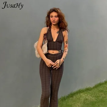 JuSaHy Kockás Design-Két Darab Beállítja a Nők Kötőfék Backless Crop Top+ Magas Derék, Egyenes Nadrág Egyforma Ruhát Streetwear