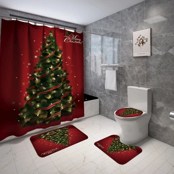 Karácsonyi Dekoráció Zuhanyfüggöny Meghatározott Anti-Slip Vízfelvétel Szőnyeg Karácsonyfa Minta Rajzfilm Nyomtatott Szőnyeg Szett