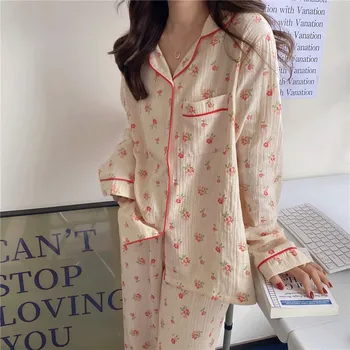 koreai 100% pamut laza virágos nyomtatás homewear hálóruházat pizsama szett női hosszú ujjú hajtóka blúz, nadrág nadrág pizsama L308