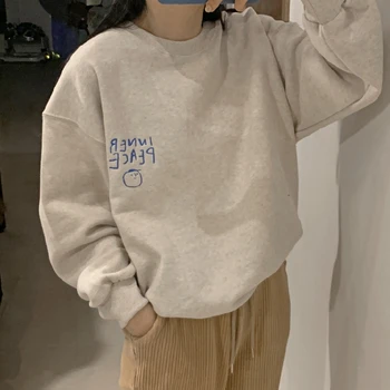Koreai Levelet Hímzés Őszi Melegítőfelső Nők O Nyakú Hosszú Ujjú Klasszikus Pamut Kapucnis Felső Pullovers Streetwear Új M302