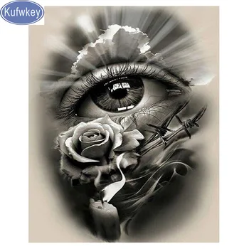 Kufwkey 5d Gyémánt Festmény teljesen ikonok Gyémánt Hímzéssel, fekete-fehér szemek teljes négyzet, kör, fúrók, Strasszos Mozaik rose