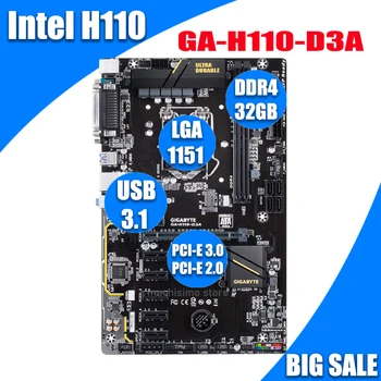 LGA 1151 Gigabyte H110-D3A Alaplap i7, i5 i3 DDR4 6GPU 6PICE BTC PRO 6PCIE Bányászati Alaplap Intel H110 Bányászati 1151 Használt